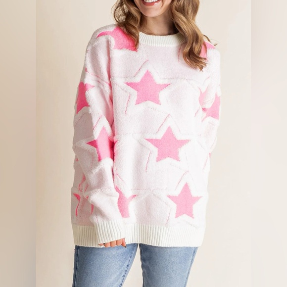 Oversized Star Pattern Ribbed Edge Drop Shoulder Sweater - Picture 1 of 5